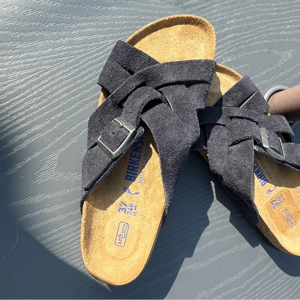 Birkenstock Lugano Cross-Strap, Black Suede Leather Sandals, Size 37